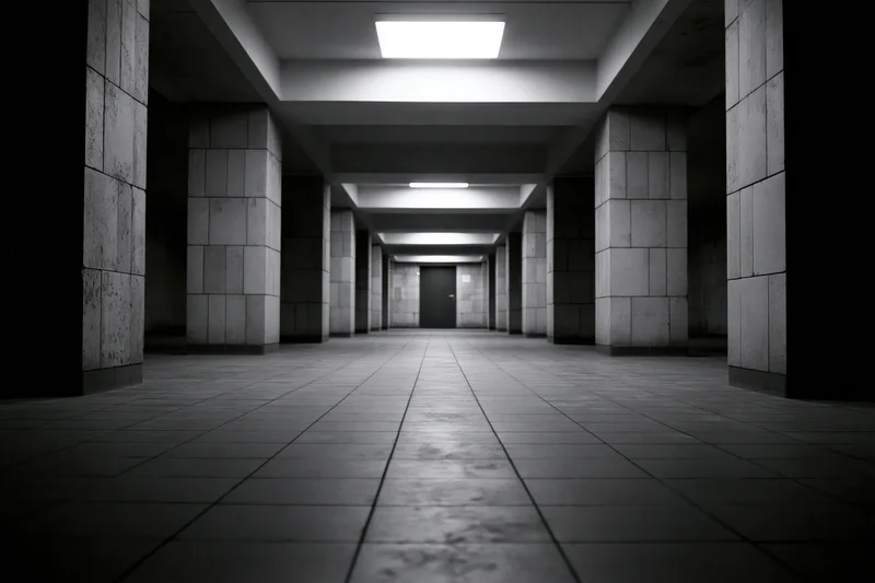 Empty underground corridor with concrete pillars and tiled floor receding toward a closed door under fluorescent lighting