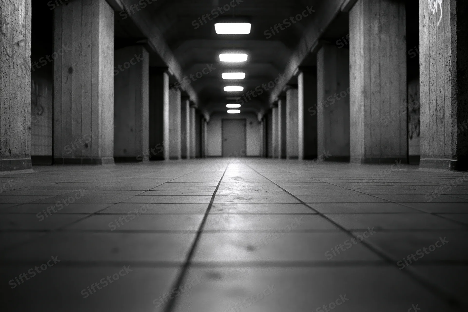 Long empty underground corridor with concrete pillars and tiled floor receding toward a distant closed door under fluorescent lighting