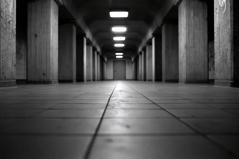 Long empty underground corridor with concrete pillars and tiled floor receding toward a distant closed door under fluorescent lighting