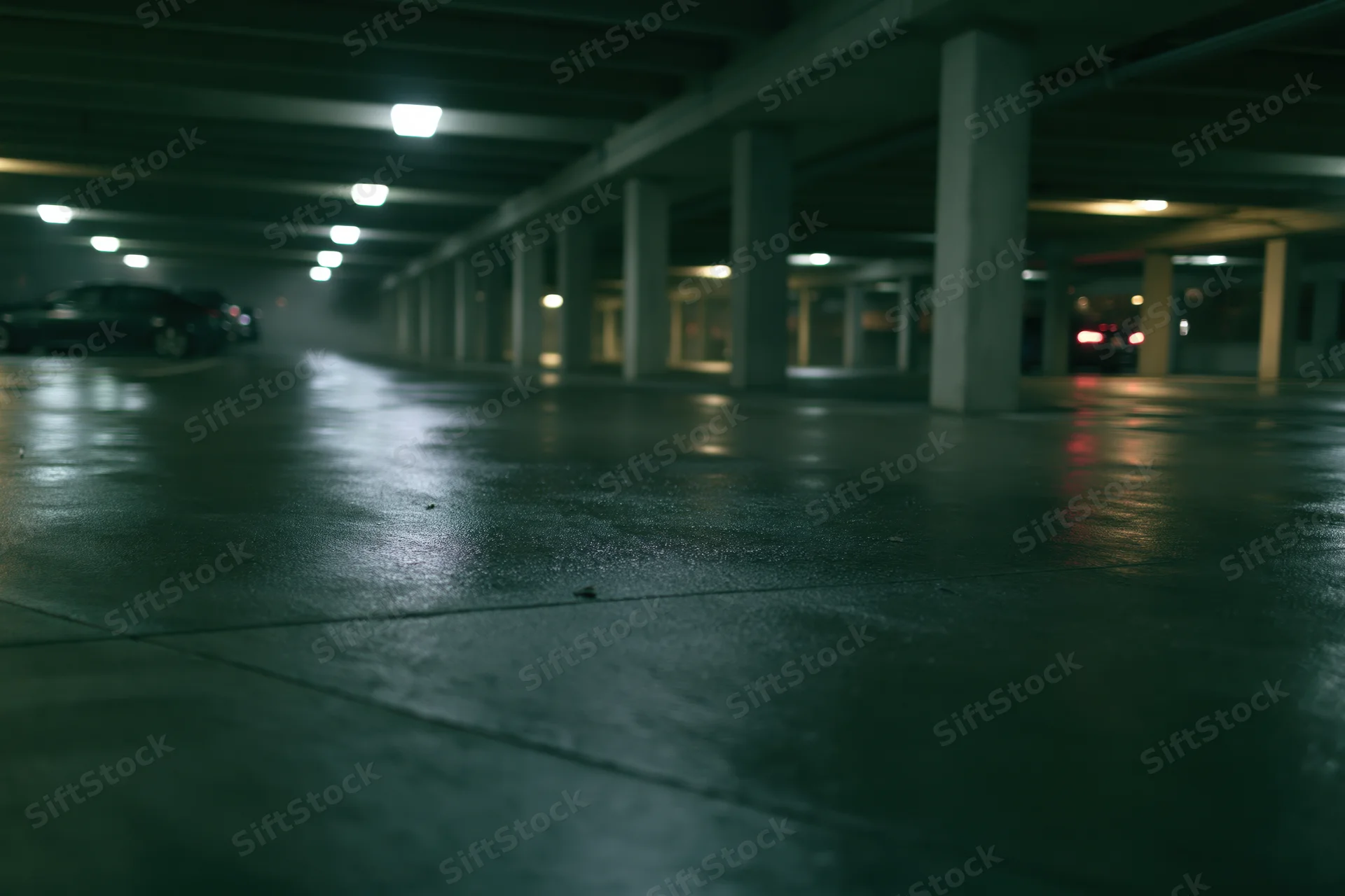 Empty underground parking garage with wet concrete floor and dim overhead lights at night