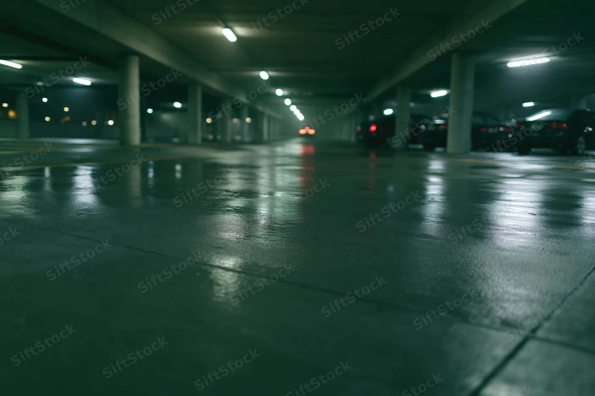 Wet concrete floor in dimly lit underground parking garage with reflections and pillars