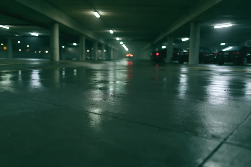 Wet concrete floor in dimly lit underground parking garage with reflections and pillars