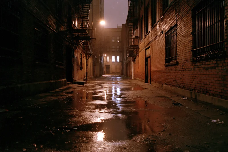 Wet urban alley at night with reflections on pavement under streetlight glow