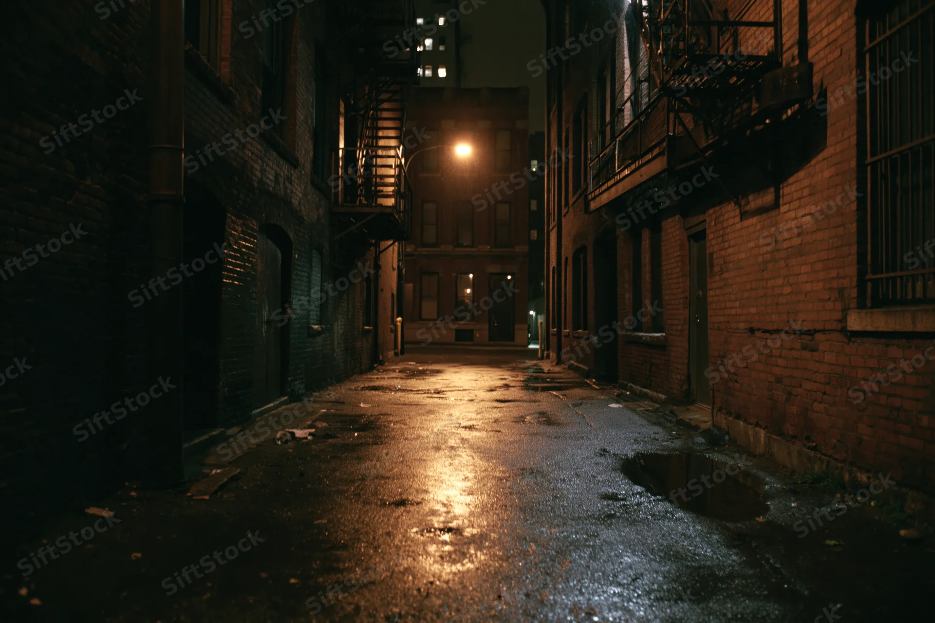 Narrow urban alley at night with wet pavement reflecting a single streetlight between brick buildings