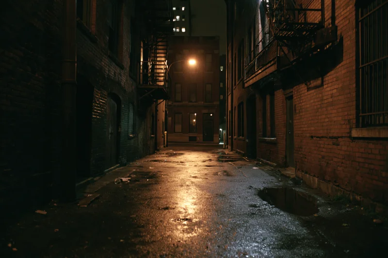 Narrow urban alley at night with wet pavement reflecting a single streetlight between brick buildings