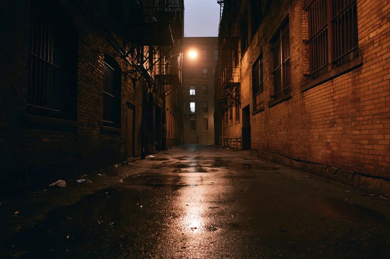 Narrow urban alley at night with wet pavement reflecting a single streetlight between brick buildings