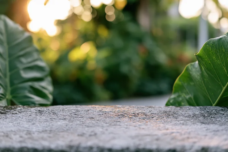 Weathered stone slab surface in a garden flanked by large green leaves with soft sunlight and bokeh background