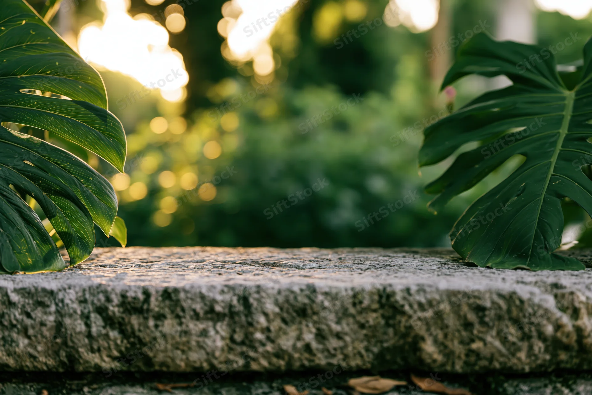Weathered stone slab surface flanked by monstera leaves in a garden setting