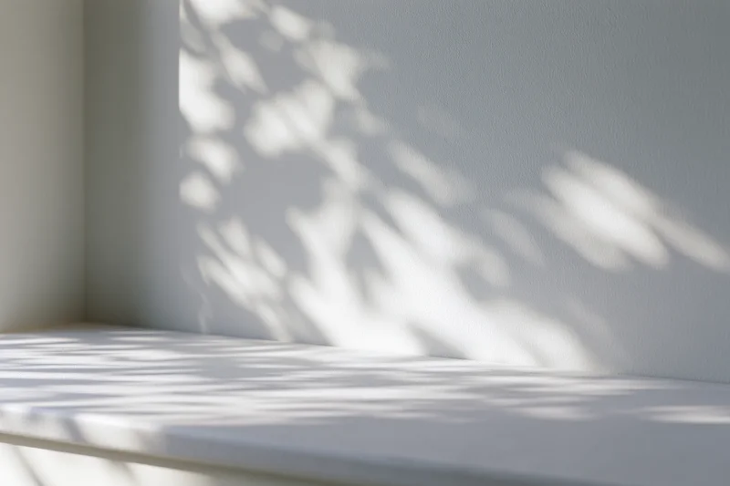 Empty white shelf with dappled sunlight shadows on adjacent wall in a minimalist interior