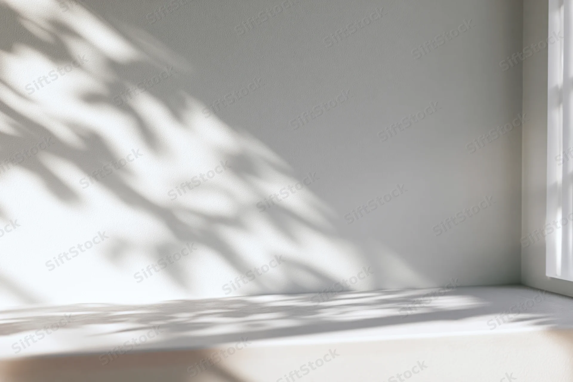 Dappled sunlight on a white wall and surface in a corner of a minimalist room