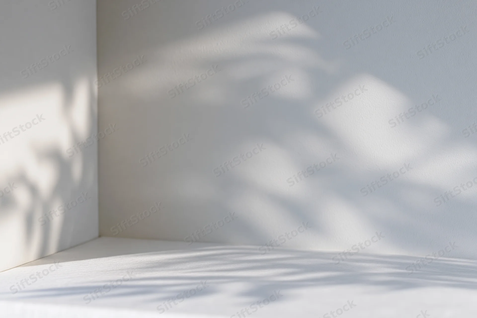 White interior corner with dappled shadows on wall and surface