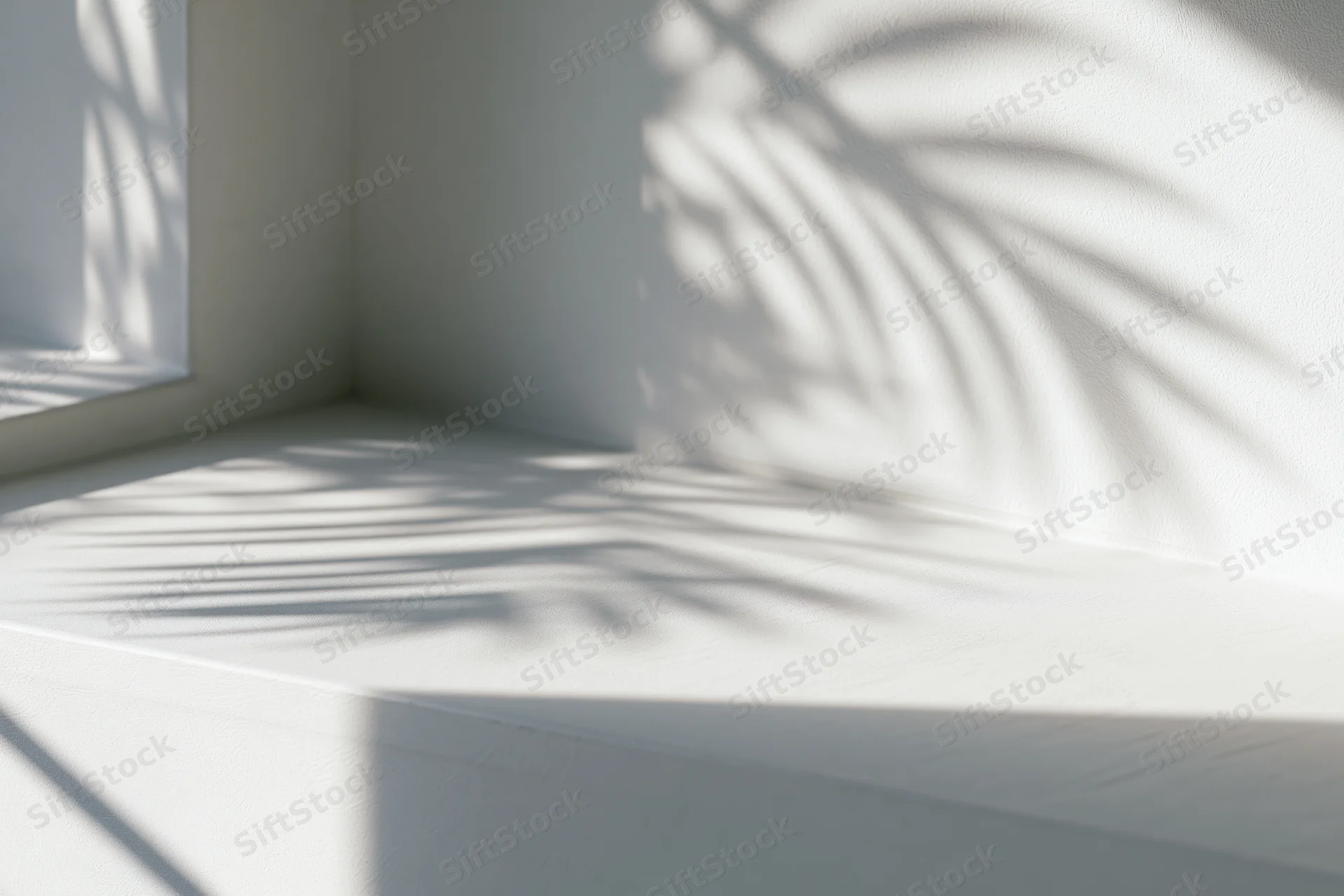 Dappled sunlight casting leaf shadows on a white interior wall and surface near a window