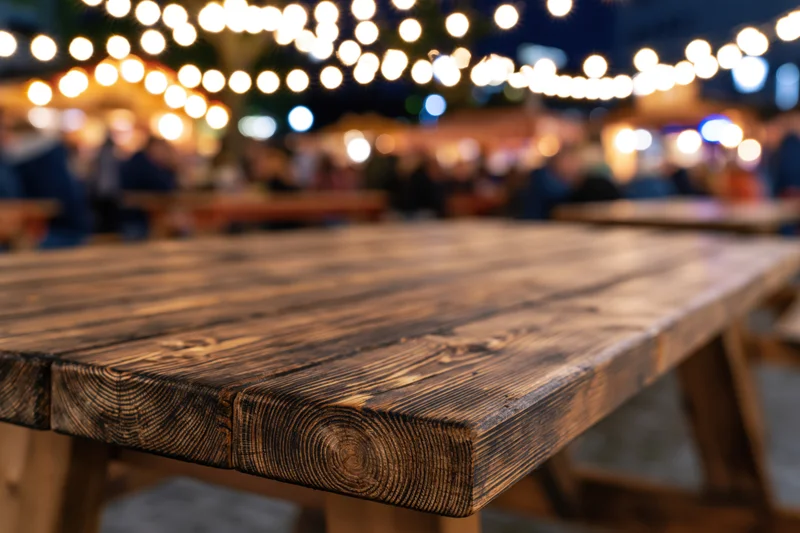 Wooden picnic table surface in sharp focus with blurred string lights and people in background at night