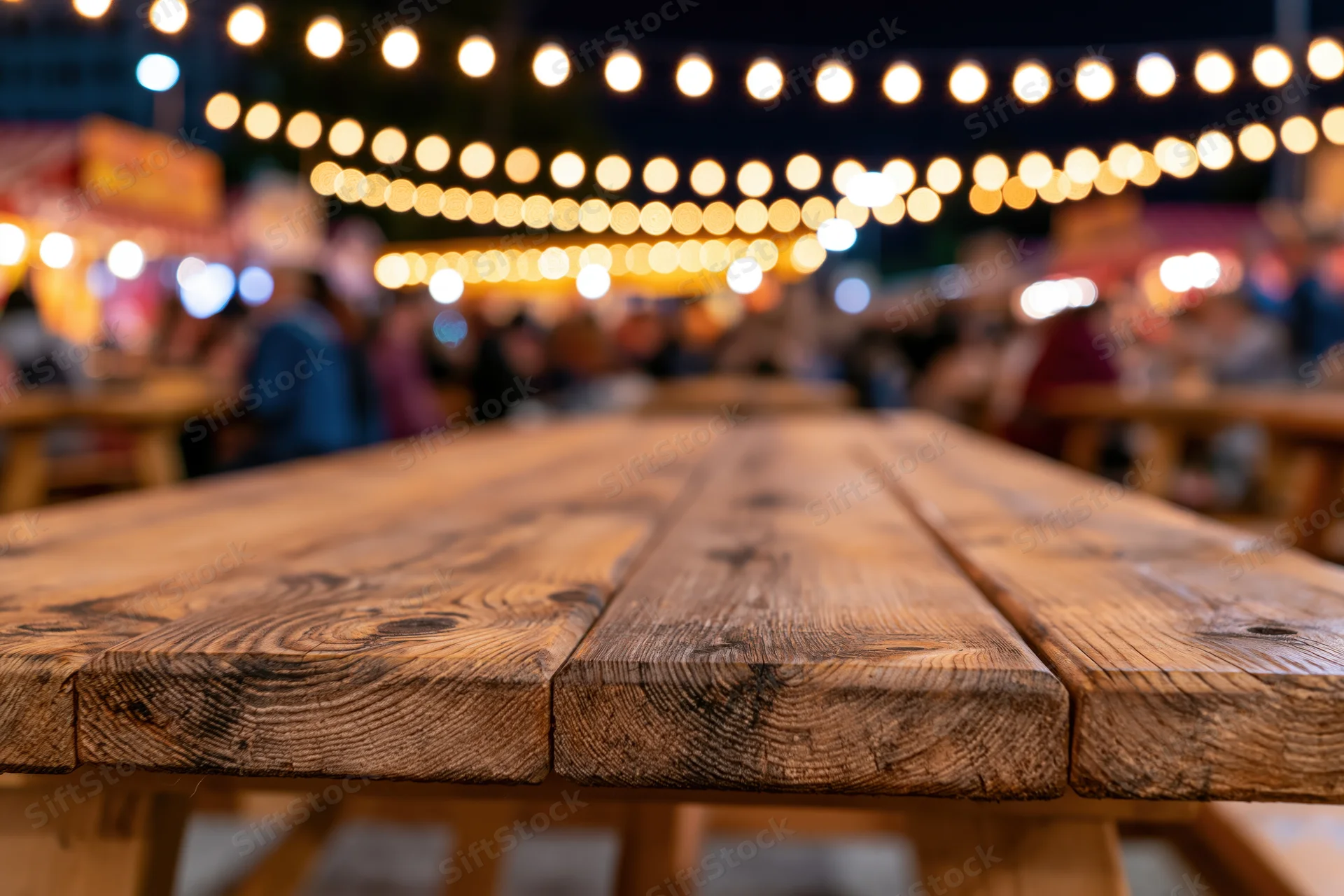 Wooden picnic table surface in sharp focus with blurred festival lights and people in background at night
