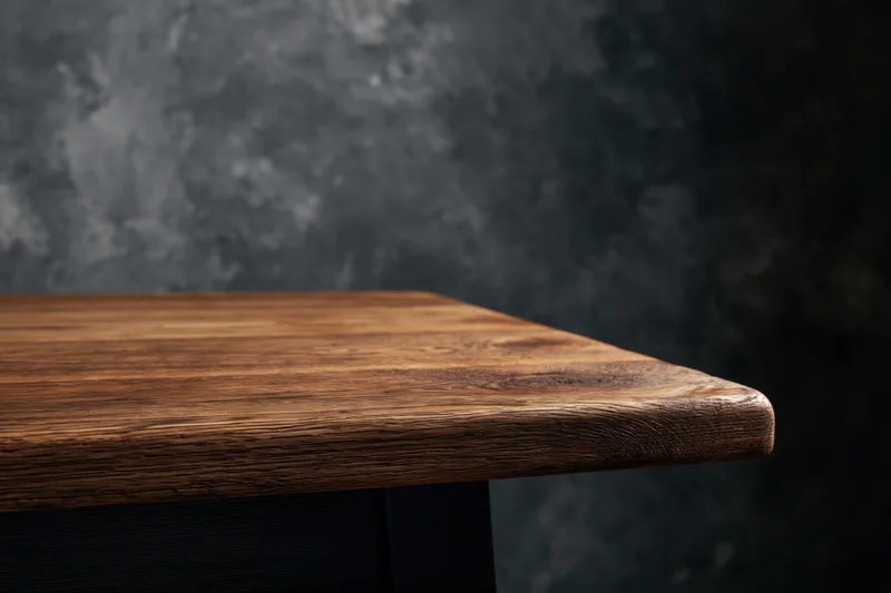 Wooden tabletop surface with visible grain and dark textured background