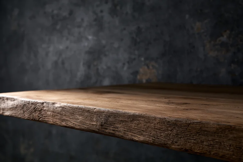Wooden table surface with textured dark wall behind, close-up view showing edge and grain