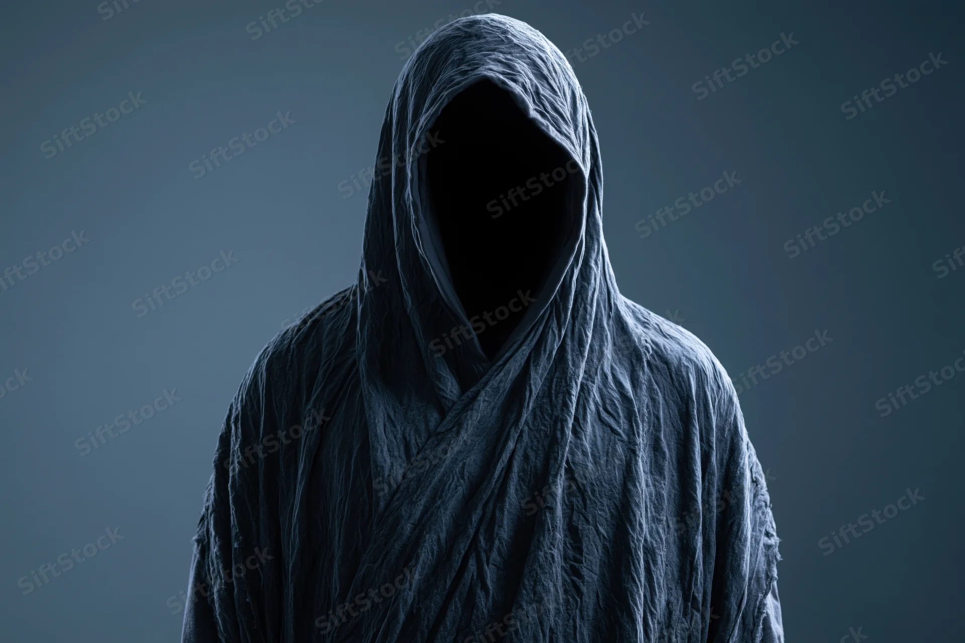 Hooded figure with face completely hidden standing still against dark background