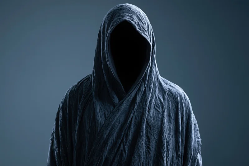 Hooded figure with face completely hidden standing still against dark background
