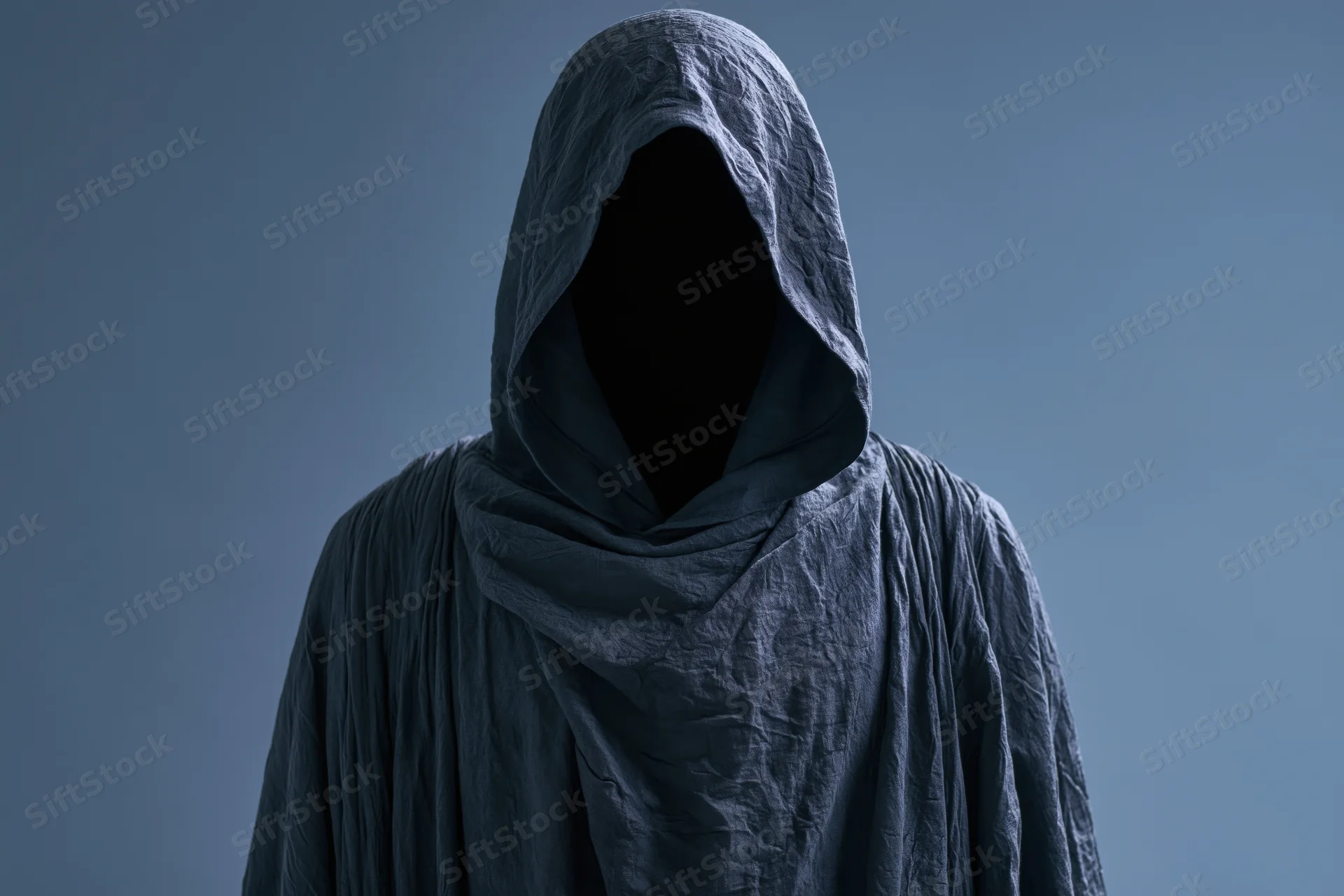 Hooded figure standing still with face completely hidden in dark cloak against blue background