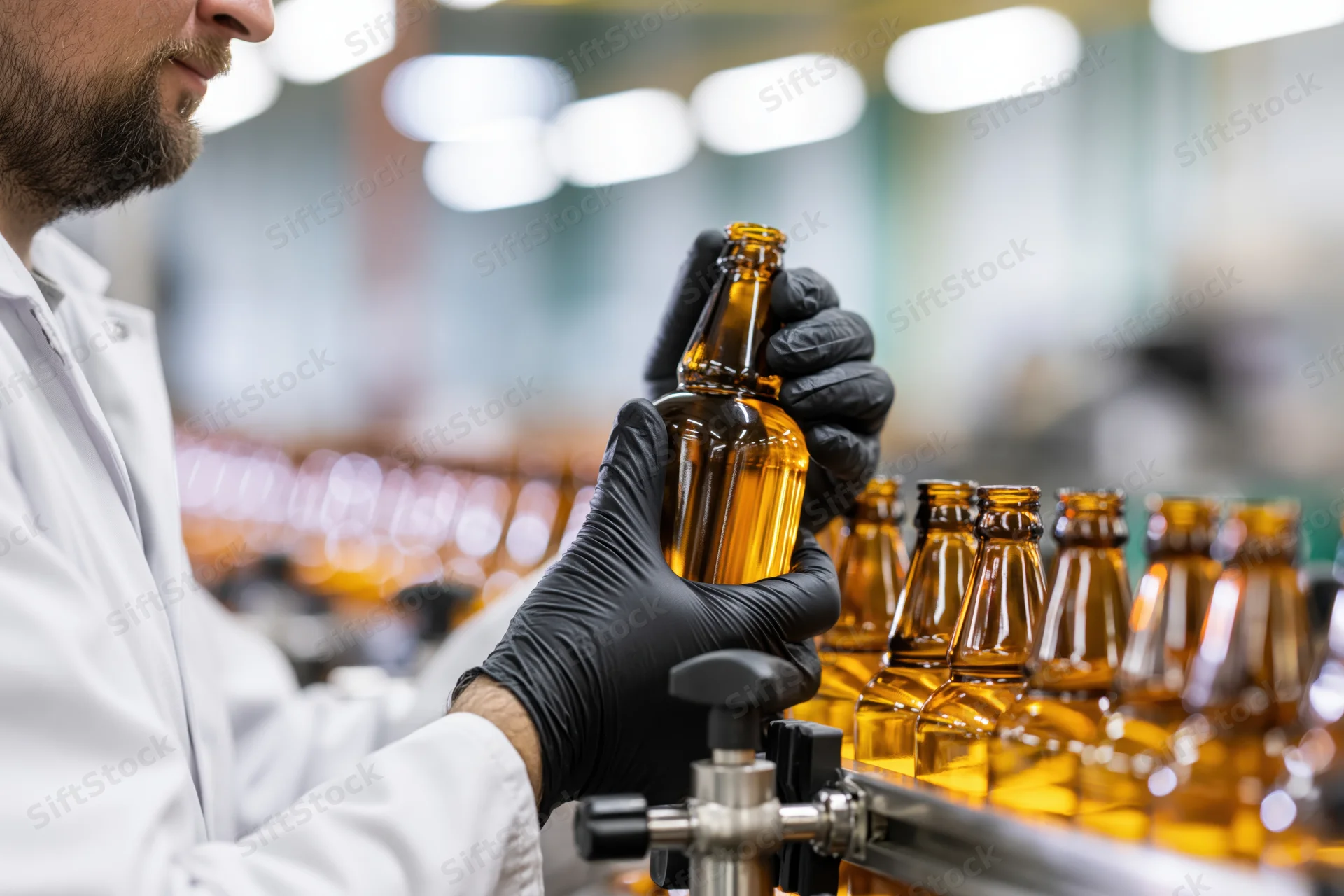 Factory worker in lab coat inspecting amber glass beer bottles on conveyor line