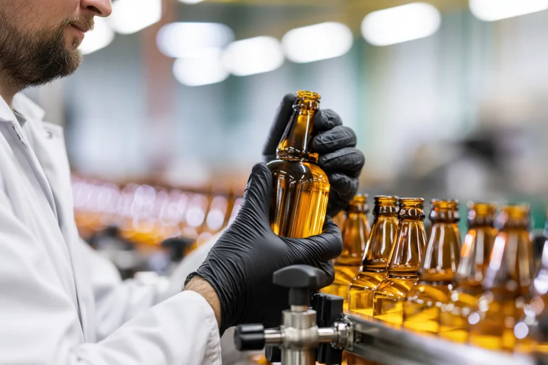 Factory worker in lab coat inspecting amber glass beer bottles on conveyor line