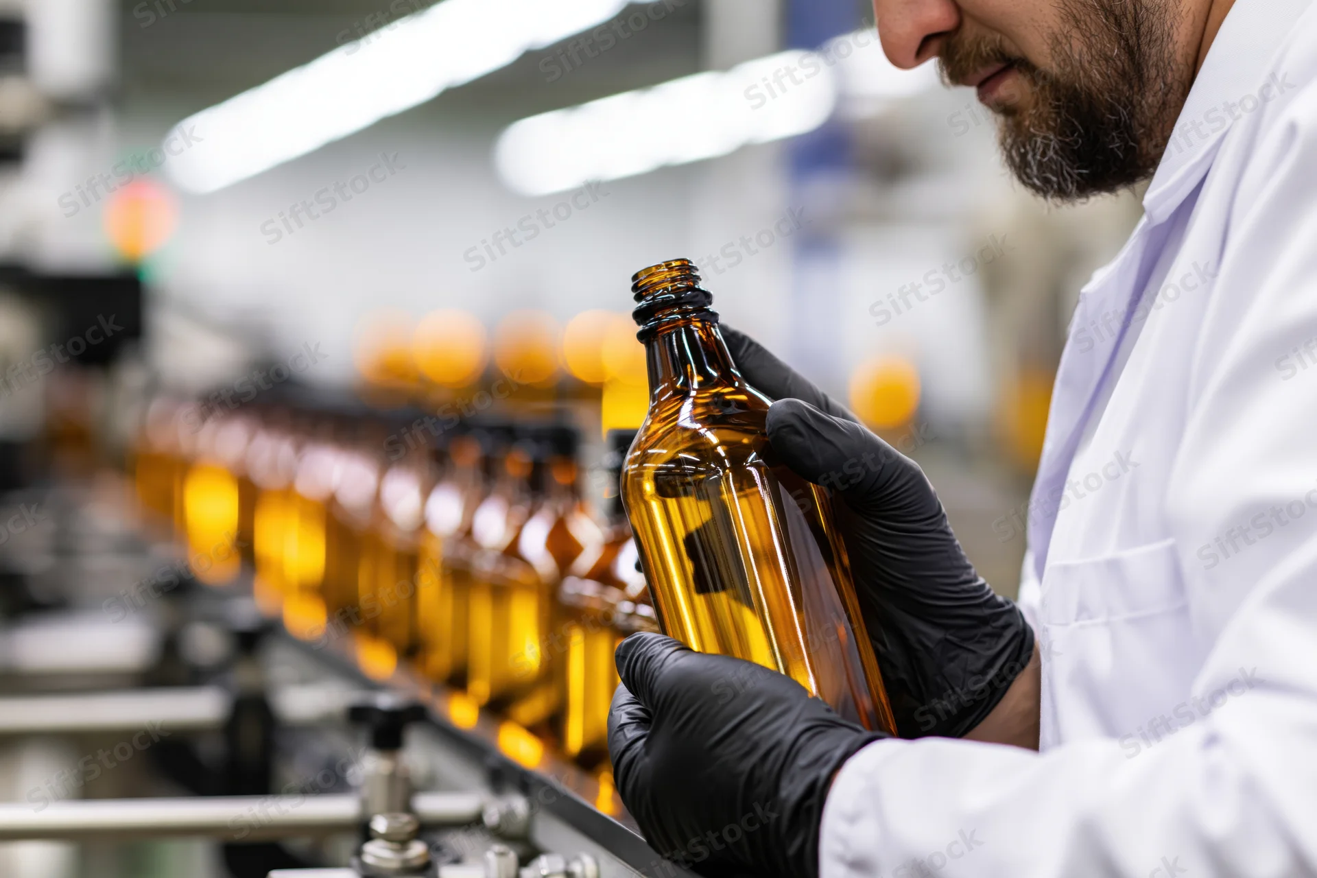 Man in lab coat inspecting amber glass bottle on factory conveyor line
