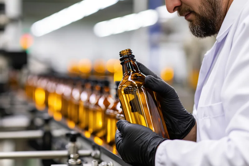 Man in lab coat inspecting amber glass bottle on factory conveyor line