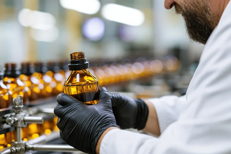 Man in lab coat inspecting amber glass bottle on factory production line