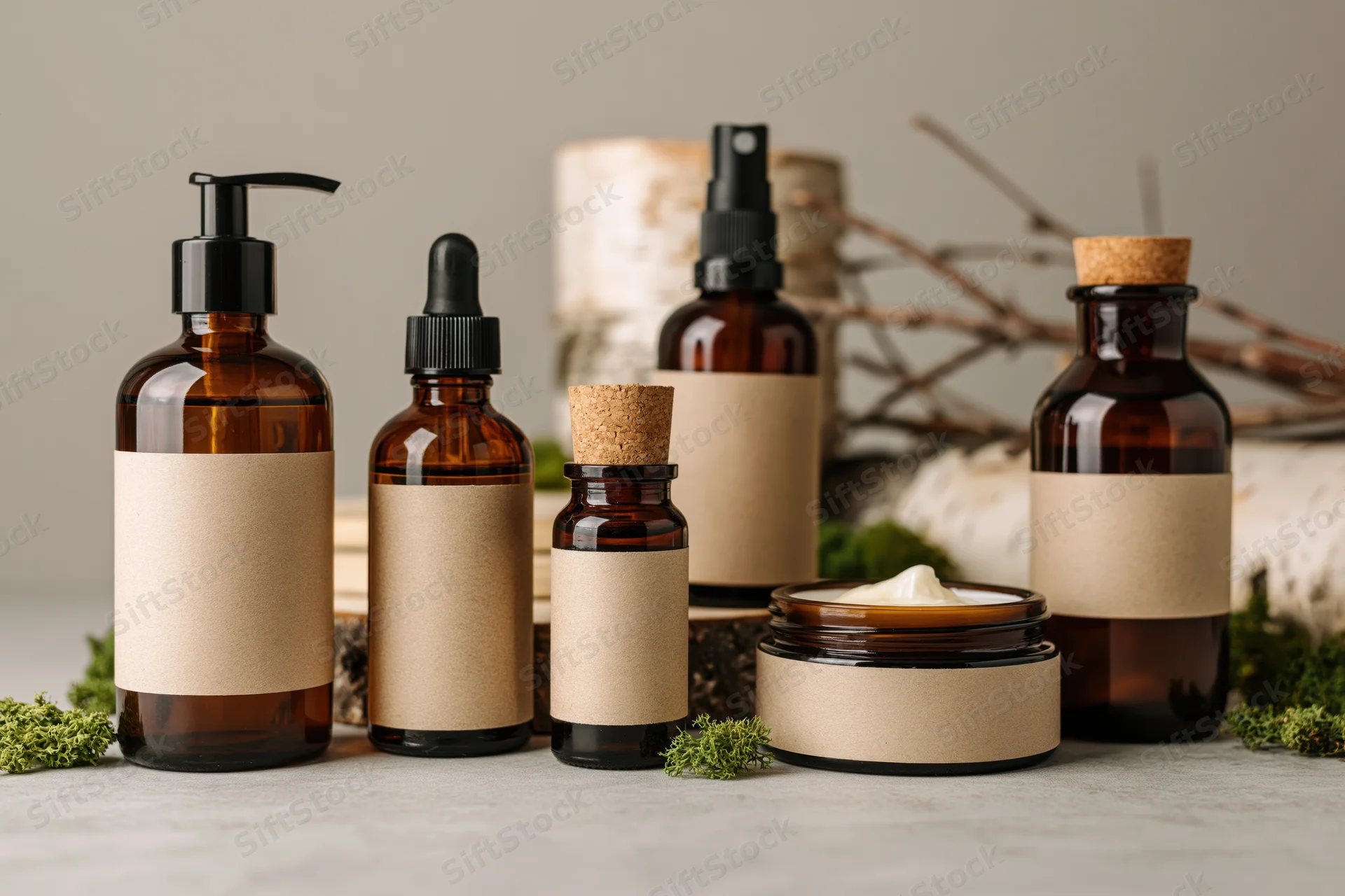 Amber glass skincare bottles and jars arranged on a flat surface with moss and birch bark
