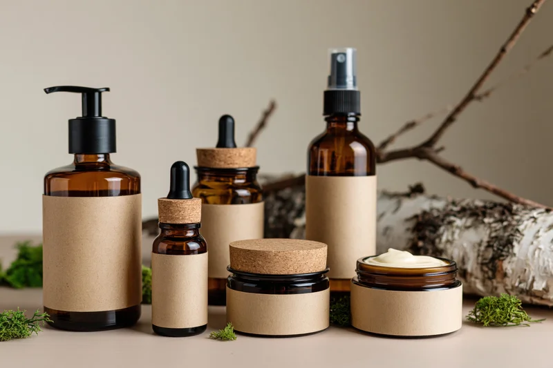Amber glass skincare bottles and jars with cork caps and blank labels arranged on a beige surface with moss and birch branches