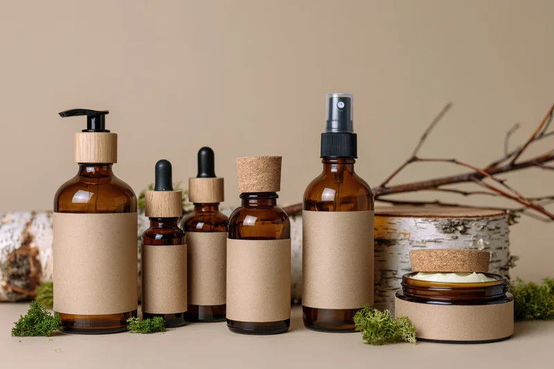 Amber glass skincare bottles and jars with blank labels arranged on a flat surface with moss and birch wood accents