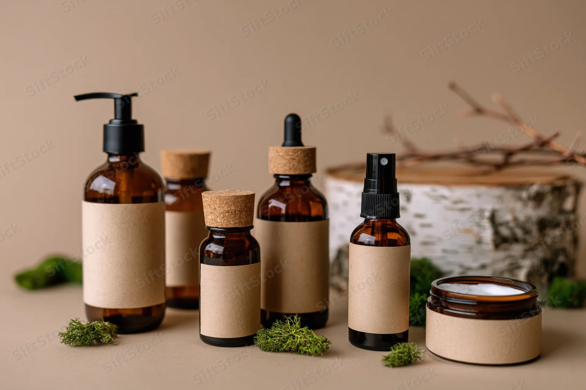 Amber glass skincare bottles and jars with cork stoppers and blank labels arranged on a flat surface with moss and birch wood accents