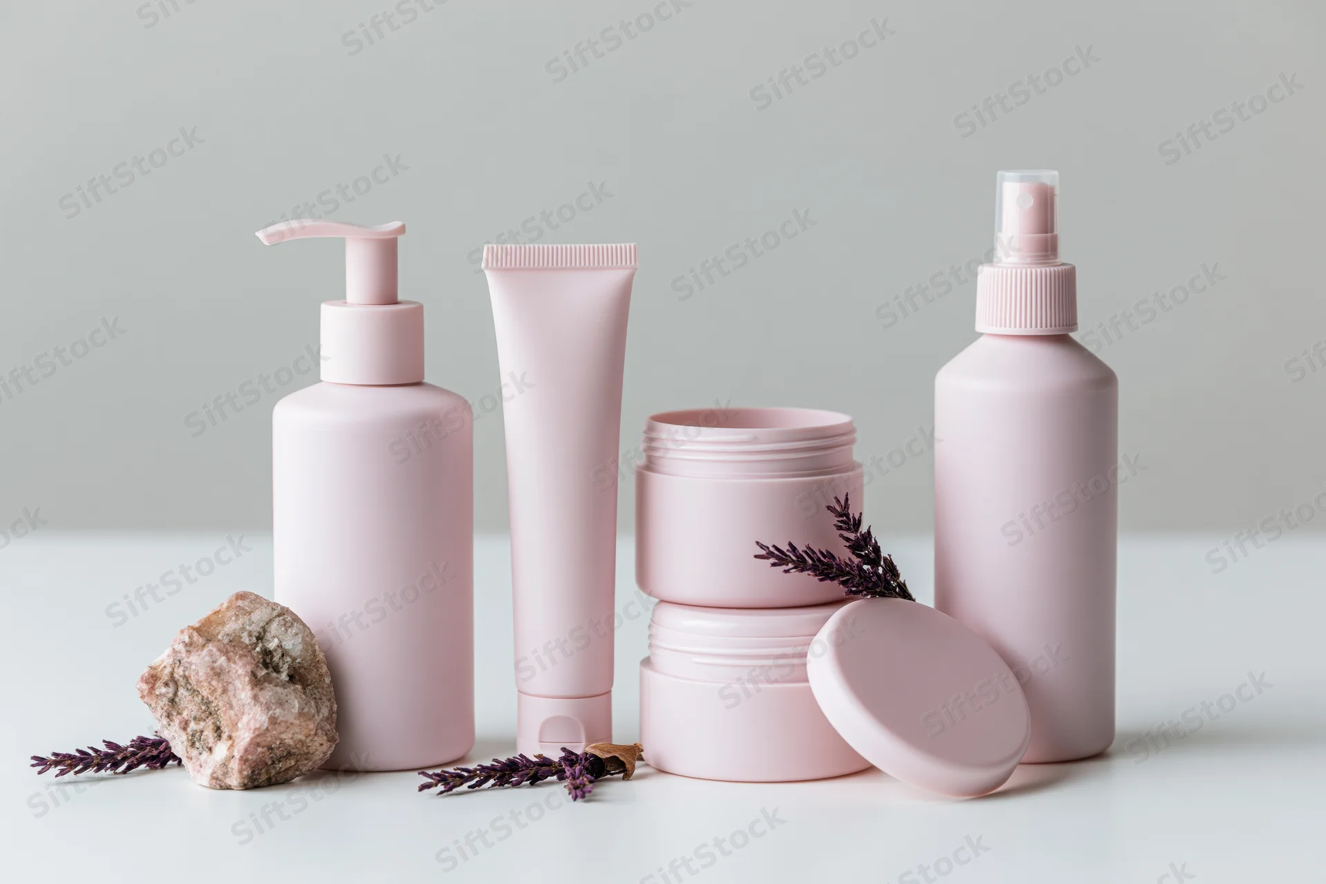 Blush pink skincare containers arranged with lavender and rock on white surface