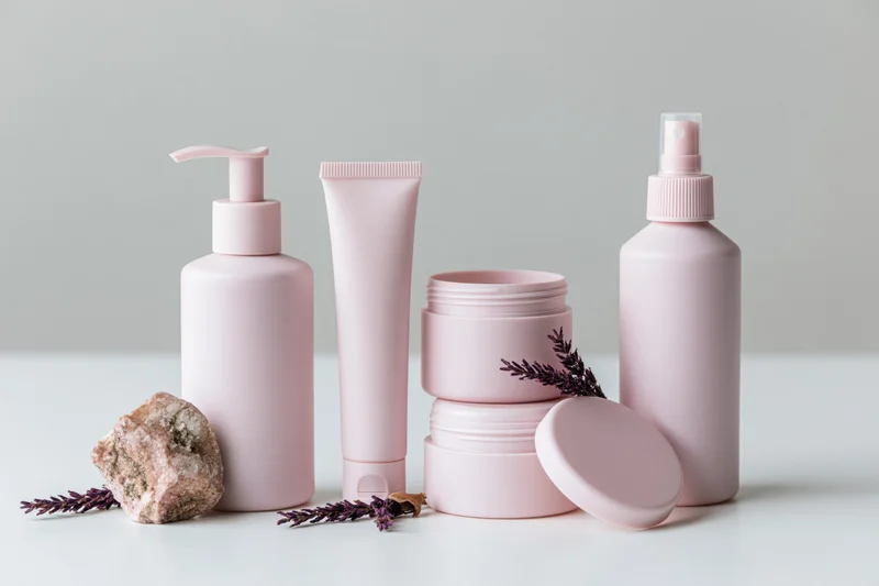 Blush pink skincare containers arranged with lavender and rock on white surface