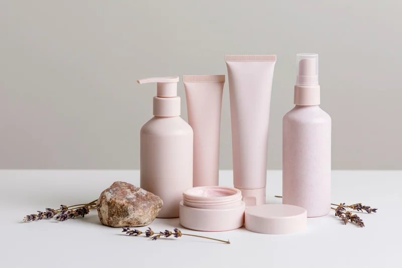 Blush pink skincare containers arranged with lavender and rock on white surface