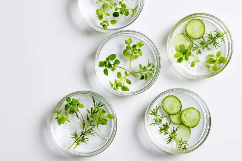 Five glass petri dishes with cucumber slices and herbs in water on white surface