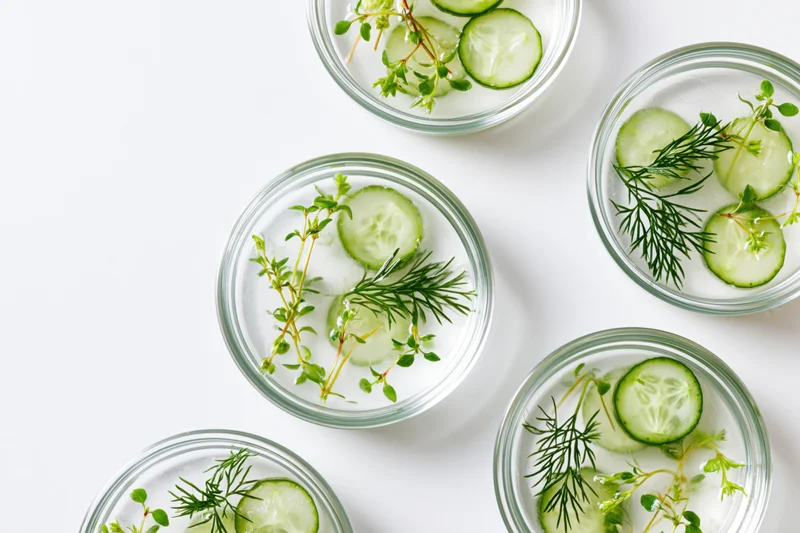 Cucumber and herb slices in glass petri dishes on white surface
