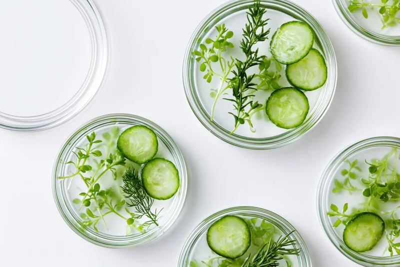 Cucumber slices and herbs in glass petri dishes on white surface