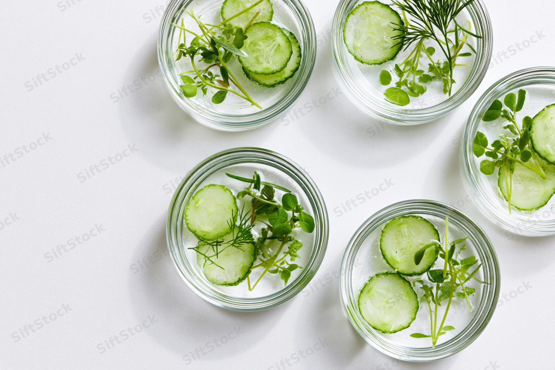 Five glass jars with cucumber slices and fresh herbs in water arranged on white surface