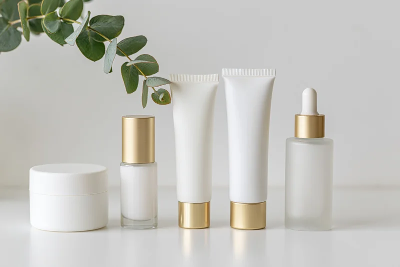 Five skincare product containers arranged in a row on a white surface with eucalyptus leaves above