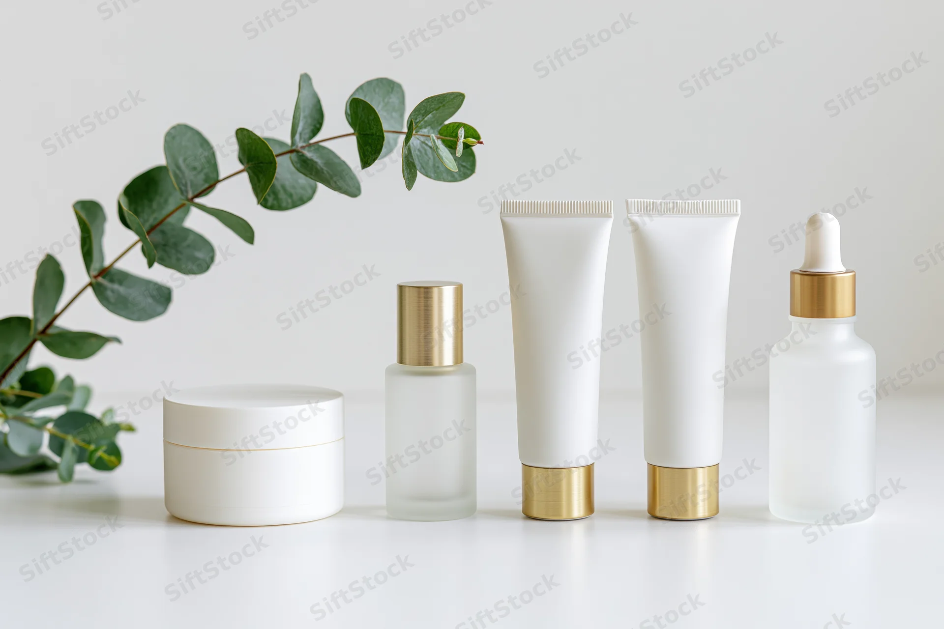 Five skincare product containers arranged in a row on a white surface with a eucalyptus branch beside them