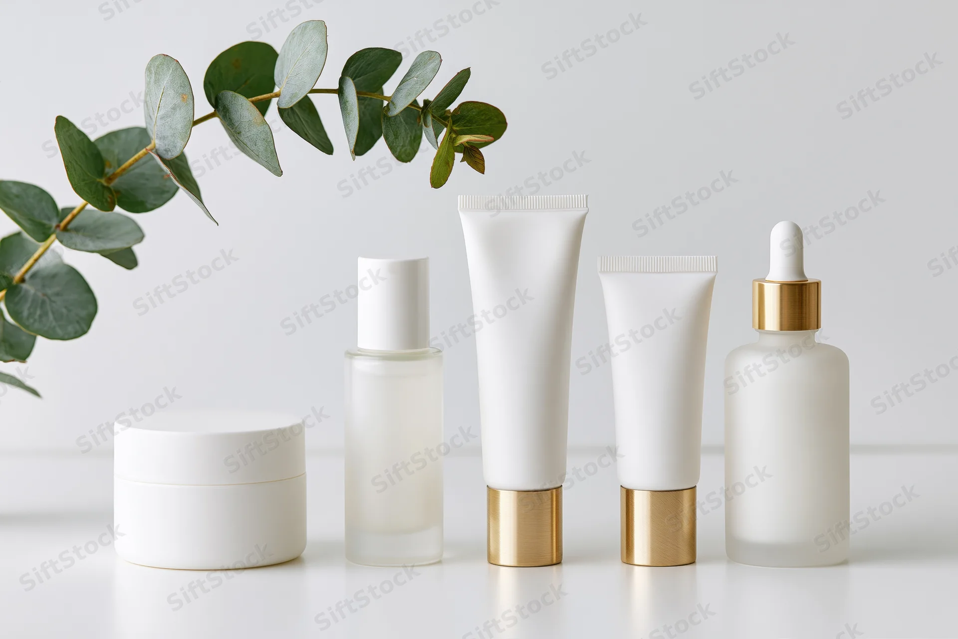 Five skincare product containers arranged in a row on a white surface with eucalyptus branch beside them