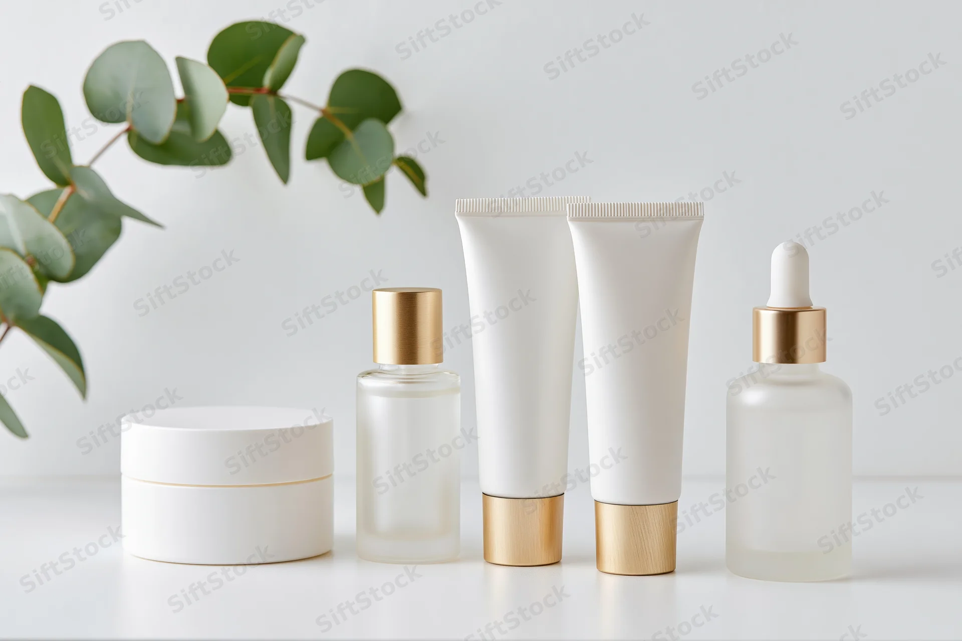 Five skincare product containers arranged in a row on a white surface with eucalyptus leaves in the background