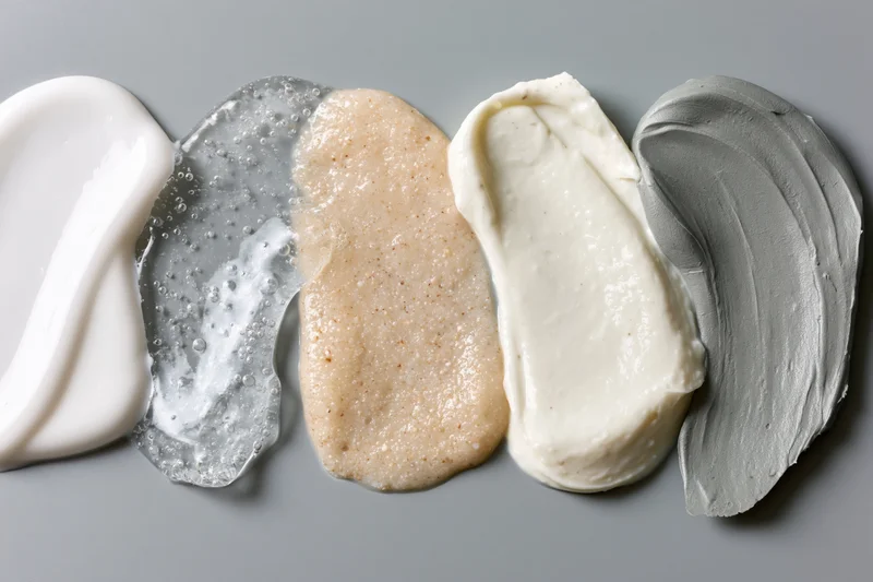 Five skincare product smears arranged in a row on a flat surface