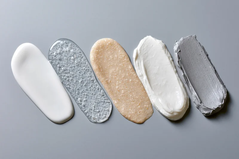 Five skincare product smears arranged in a row on a flat surface