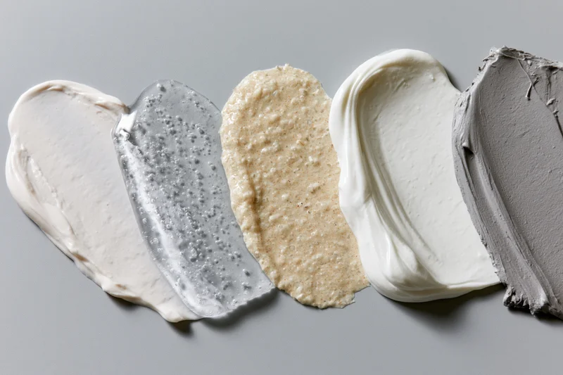 Five skincare cream smears arranged in a row on a flat gray surface