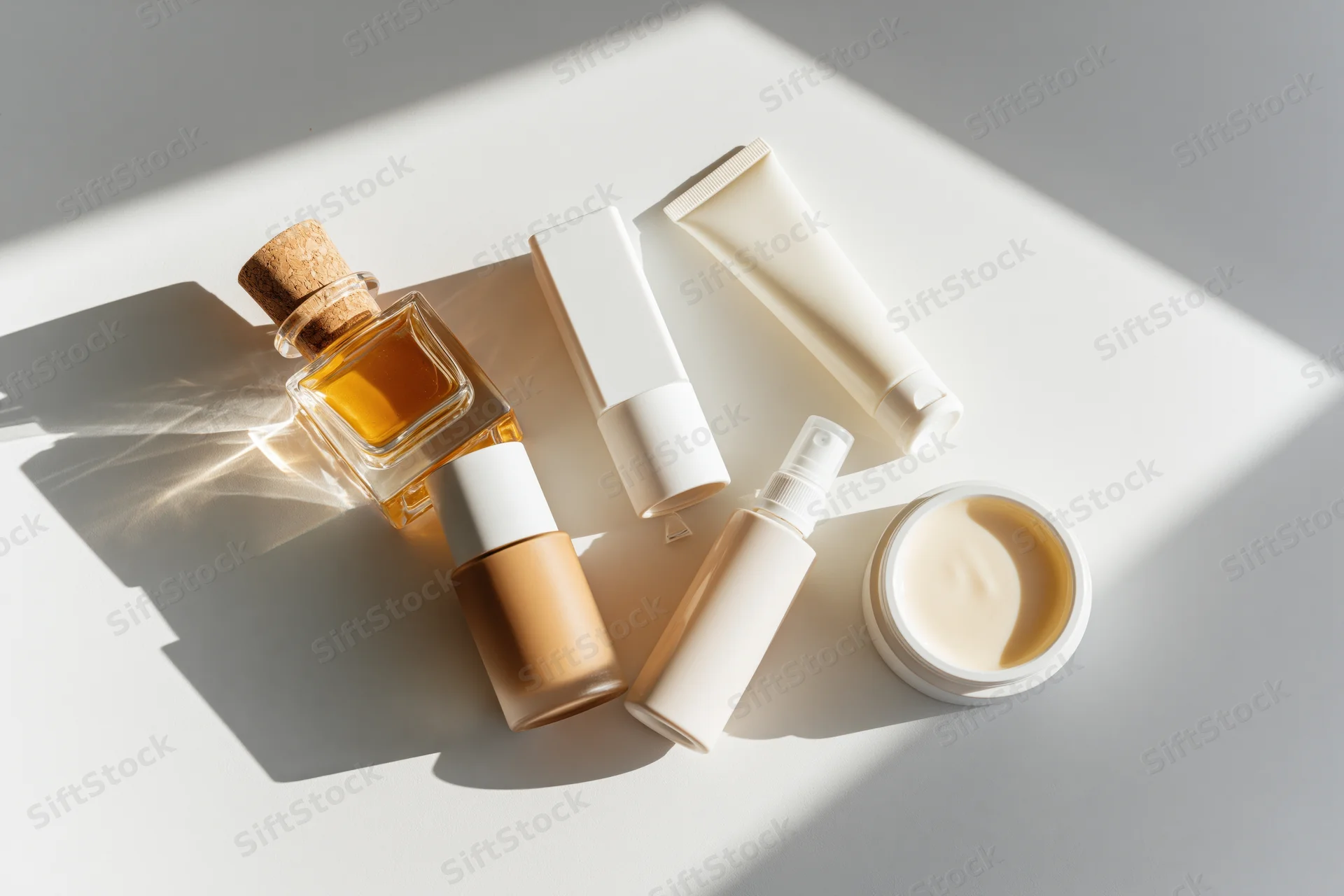 Skincare and cosmetic products arranged on a white surface in soft sunlight