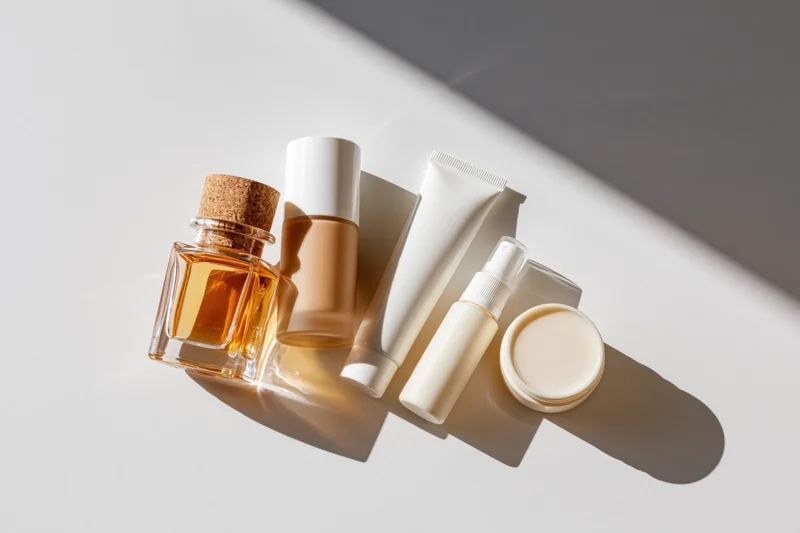 Skincare and cosmetic products arranged in a flat lay on a white surface with soft shadows