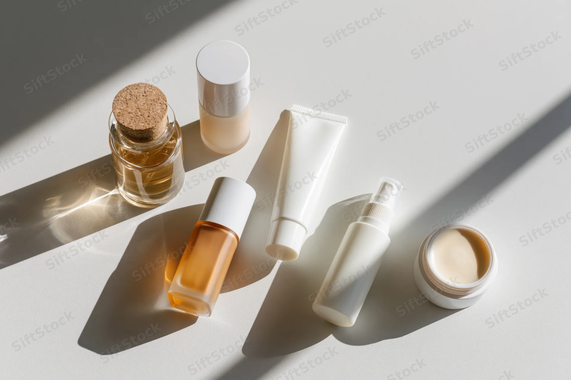 Skincare and cosmetic products arranged on a white surface in natural light