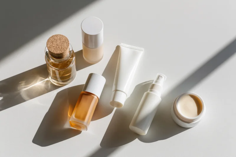 Skincare and cosmetic products arranged on a white surface in natural light